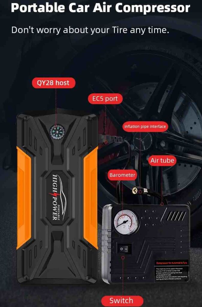 Labeled portable air compressor with QY28 jump starter—helpful visual for any jump starter troubleshooting guide.