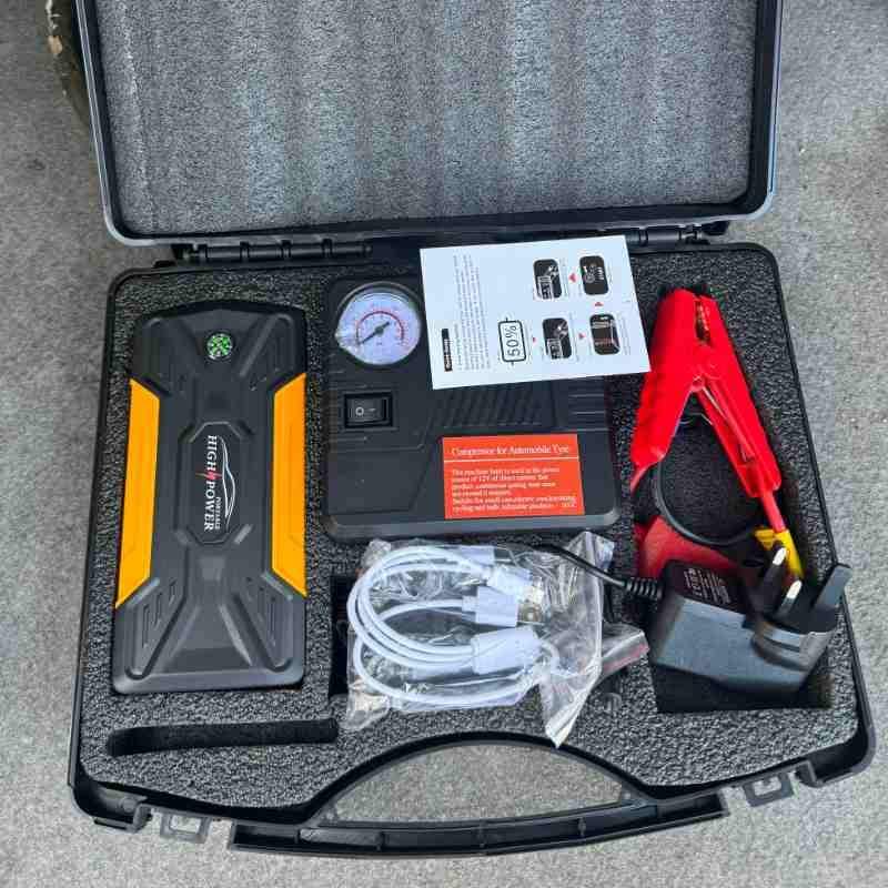 Complete jump starter kit with cables and gauge—essential gear when figuring out how many amps to jump start car reliably.