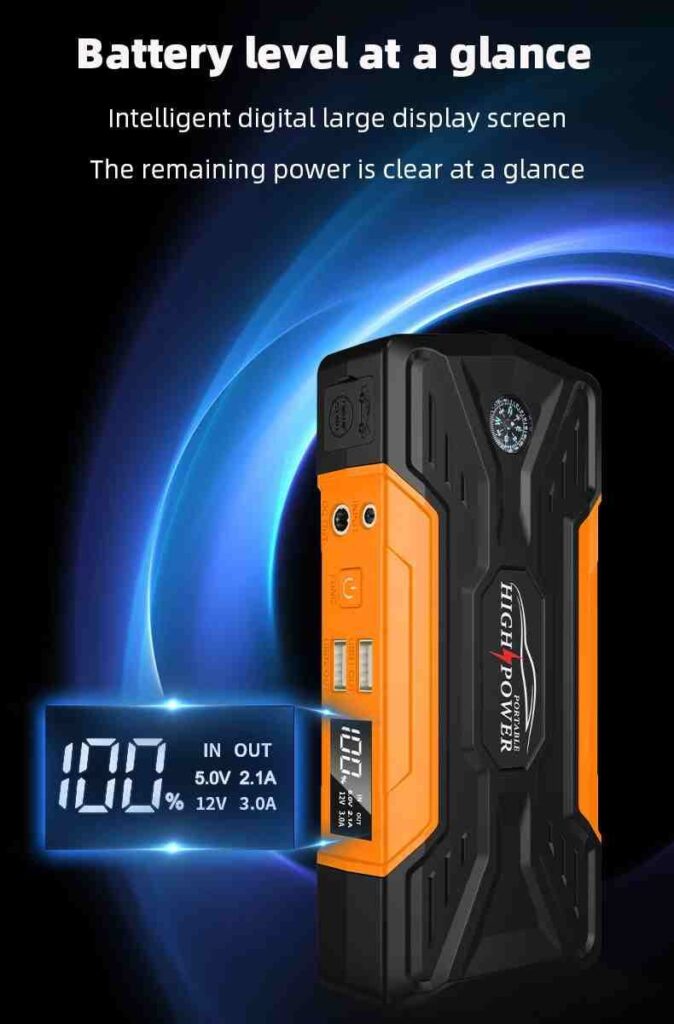 Jump starter with digital screen showing battery level—helps explain the difference between jump starter and battery charger functions.