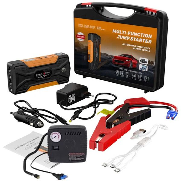 Complete multi-function jump starter kit with cables and gauge—ideal for answering can a jump starter charge a battery properly.