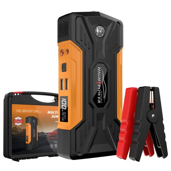 High Power portable Jump Starter Charge kit with clamps and case, ideal for emergency car battery boosts and mobile charging." 