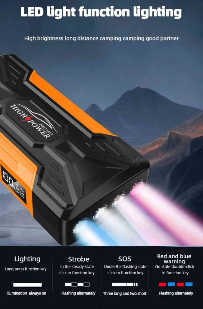 Jump starter with LED light modes for emergencies—great tool for camping and learning how to use a jump starter safely at night.