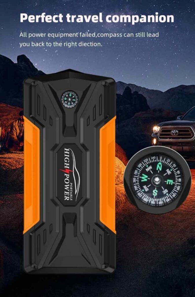 Heavy-duty portable jump starter with compass, perfect for outdoor use—ideal for any jump starter troubleshooting guide.