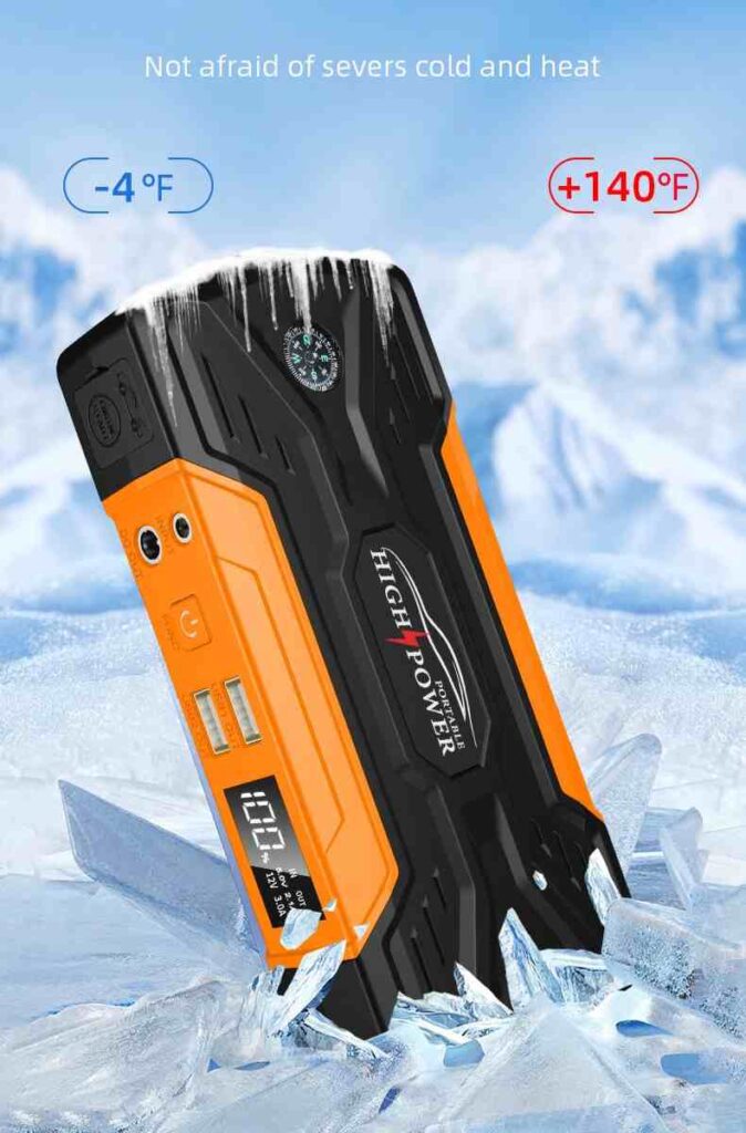 Jump starter frozen in ice, rated for -4°F to 140°F—find out How Many Amps to Jump Start Car in extreme cold or heat with this rugged device.