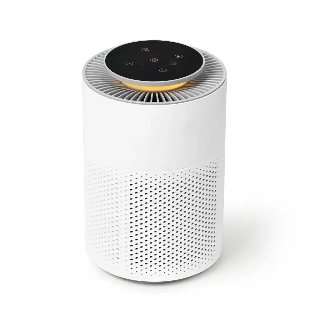 air purifier malta: Round white air purifier with perforated grille, top vent ring and warm night light, front three-quarter