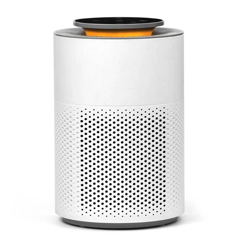 air purifier malta: Round white air purifier with night light, perforated lower body and orange light ring under the top cont