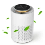 Air purifier top view showing air outlet grille, touch controls, warm night light ring and perforated air intake