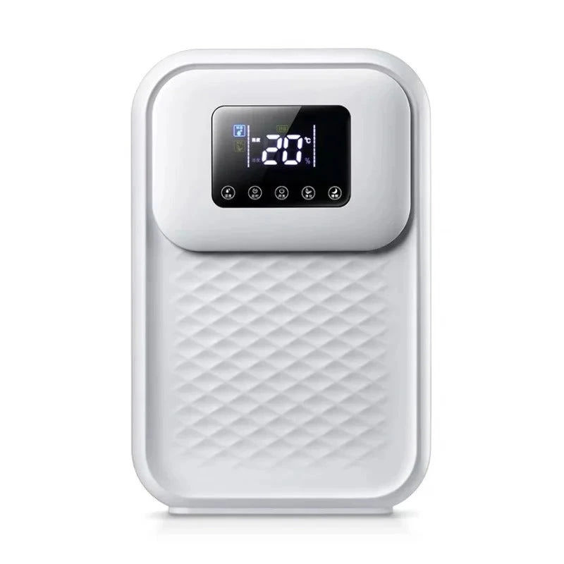 Dehumidifier Malta with remote control, front view with LED display at 20° and row of five touch buttons
