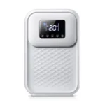 room dehumidifier malta: White room dehumidifier with remote control, front view with digital touch display, five buttons and