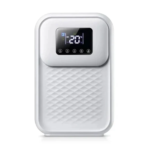 room dehumidifier malta: White room dehumidifier with remote control, front view with digital touch display, five buttons and