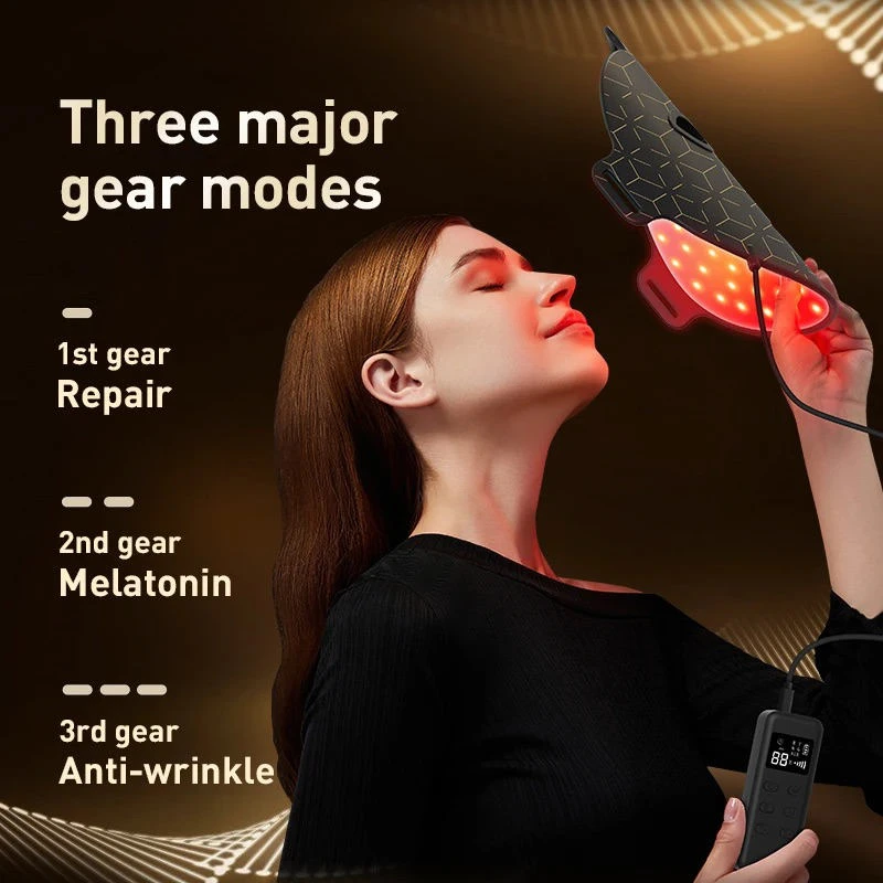 Silicone LED face mask worn over the face with handheld controller showing Repair, Melatonin and Anti-wrinkle modes Silicone LED face mask worn over the face with handheld controller showing Repair, Melatonin and Anti-wrinkle modes