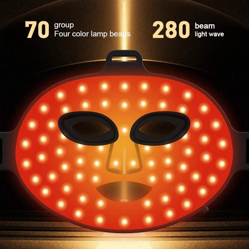 Silicone LED face mask with 70 groups of four-colour LED beads spread over the whole face area Silicone LED face mask with 70 groups of four-colour LED beads spread over the whole face area