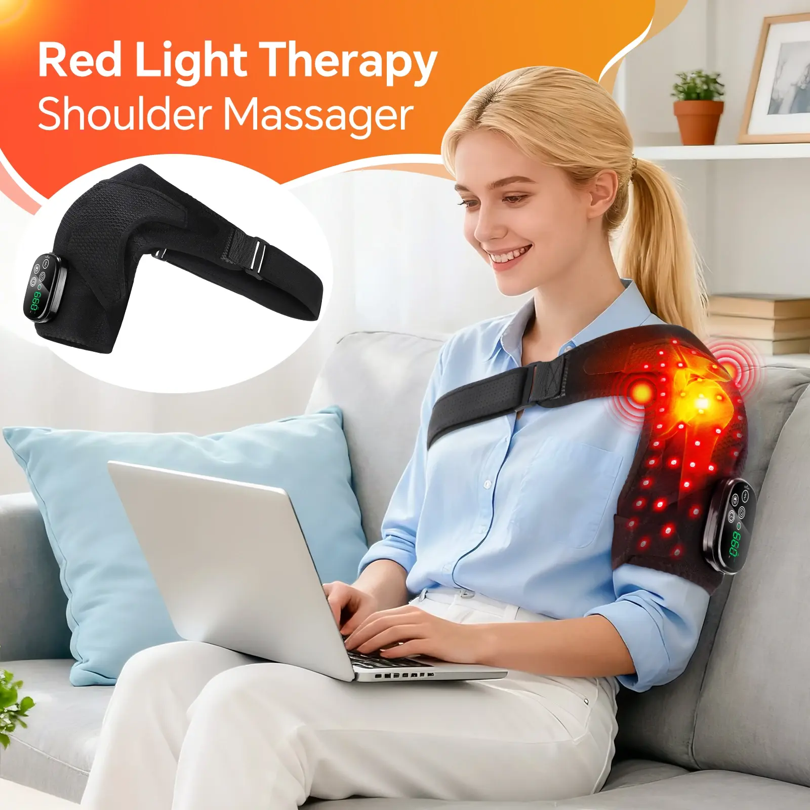 Woman on a sofa wearing the red light shoulder massager while working on a laptop at home Woman on a sofa wearing the red light shoulder massager while working on a laptop at home