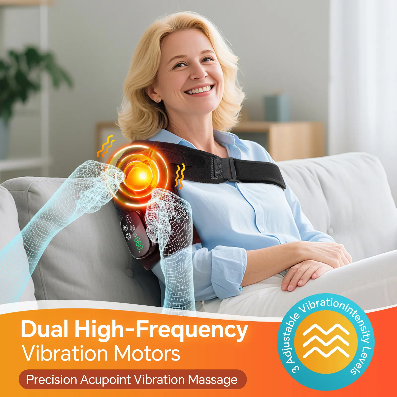 Woman on a sofa using the vibration massage from dual motors with 3 intensity levels Woman on a sofa using the vibration massage from dual motors with 3 intensity levels