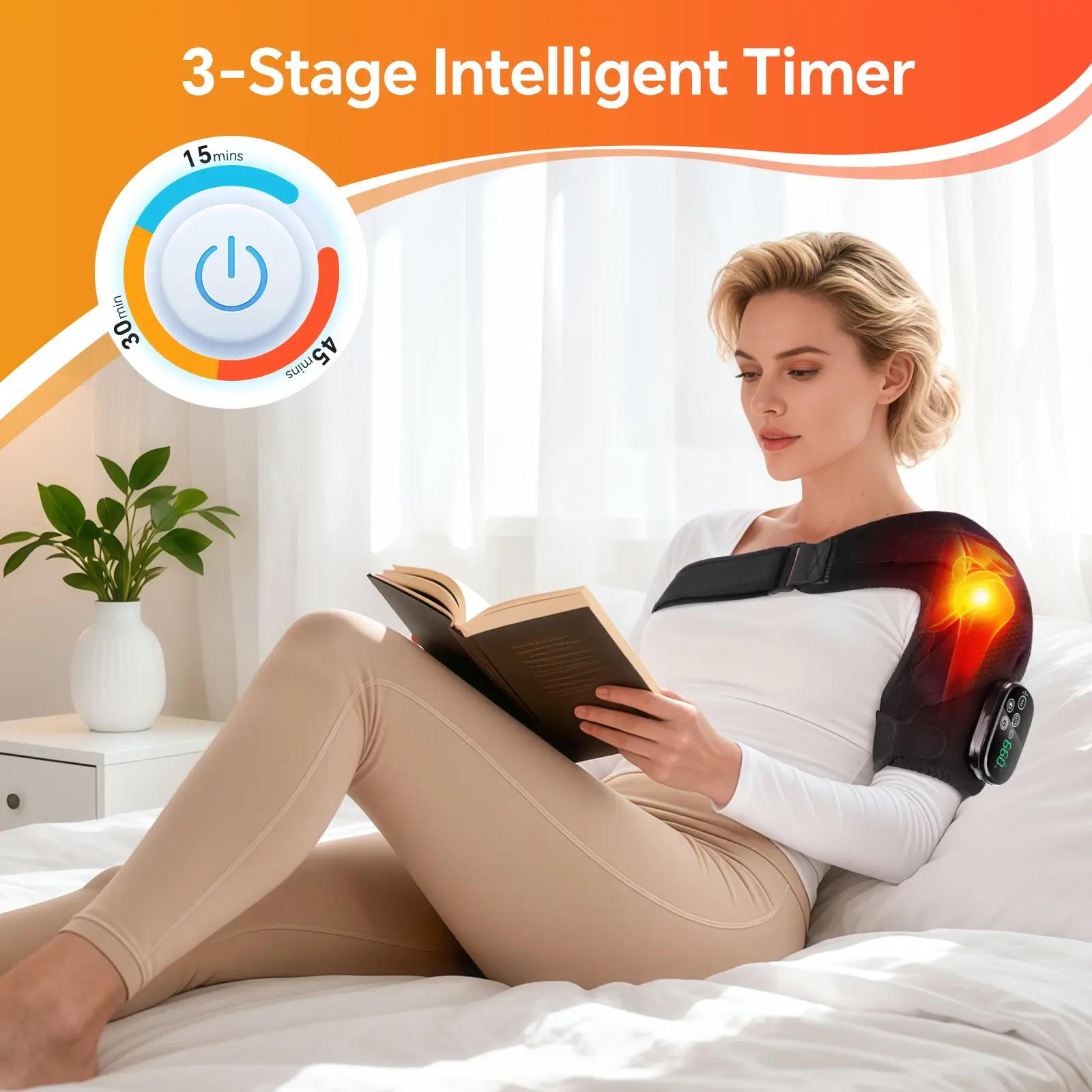 Woman reading in bed wearing the pad, showing the 15, 30 and 45 minute timer settings Woman reading in bed wearing the pad, showing the 15, 30 and 45 minute timer settings
