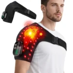 infrared shoulder pad malta: Infrared shoulder pad worn by a man with red LEDs lit, chest strap and control unit, plus the pa