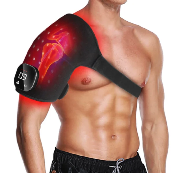 red light therapy pad malta: Red light therapy pad worn over the shoulder, strapped across the chest, with digital controller