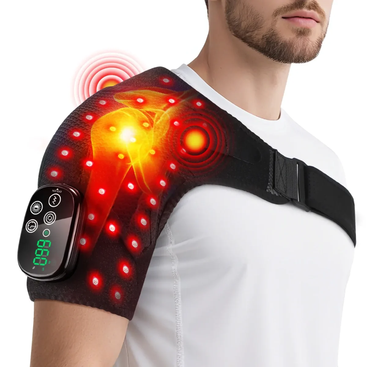 Close view of the pad on one shoulder, strap around the chest and digital control unit on the upper arm