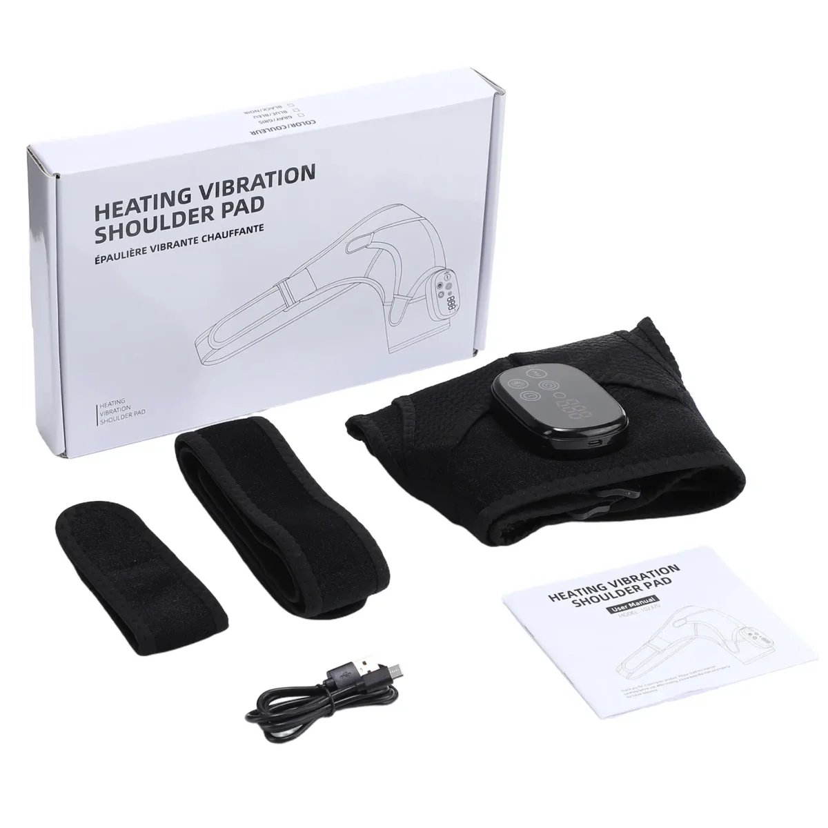 Box contents: shoulder pad with control unit, long and short straps, USB charging cable, user manual and retail box