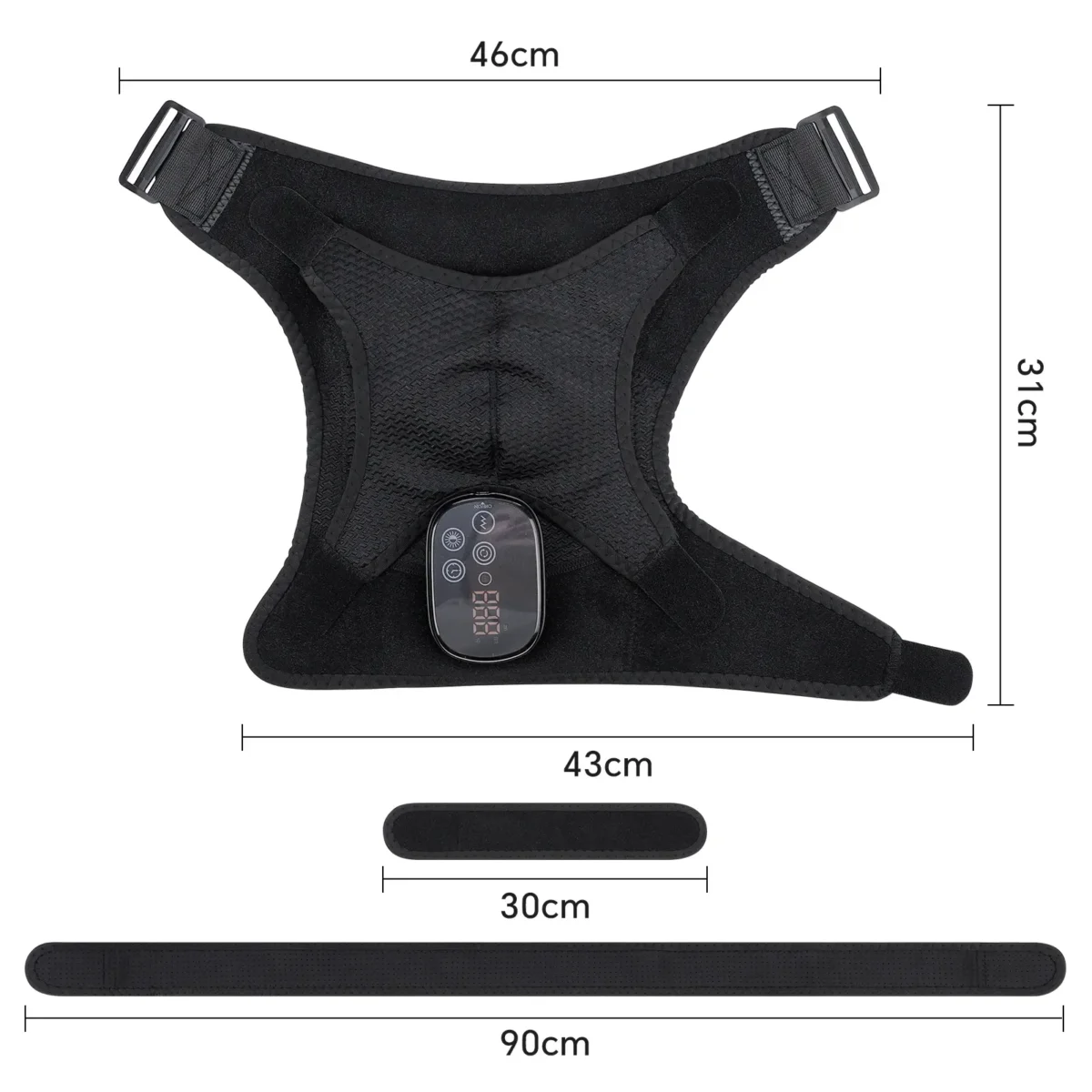 Pad laid flat with sizes: 46cm top, 43cm bottom, 31cm high, 30cm short strap and 90cm long strap