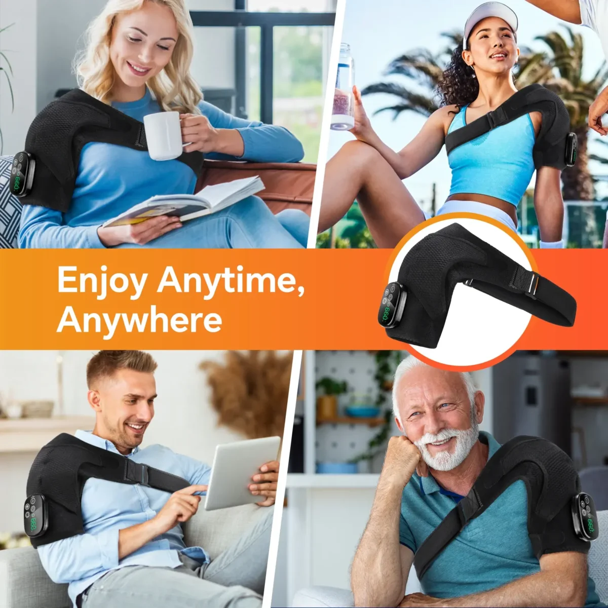 Four people wearing the cordless pad while reading, outdoors, using a tablet and relaxing at home