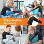 Four people wearing the cordless pad while reading, outdoors, using a tablet and relaxing at home