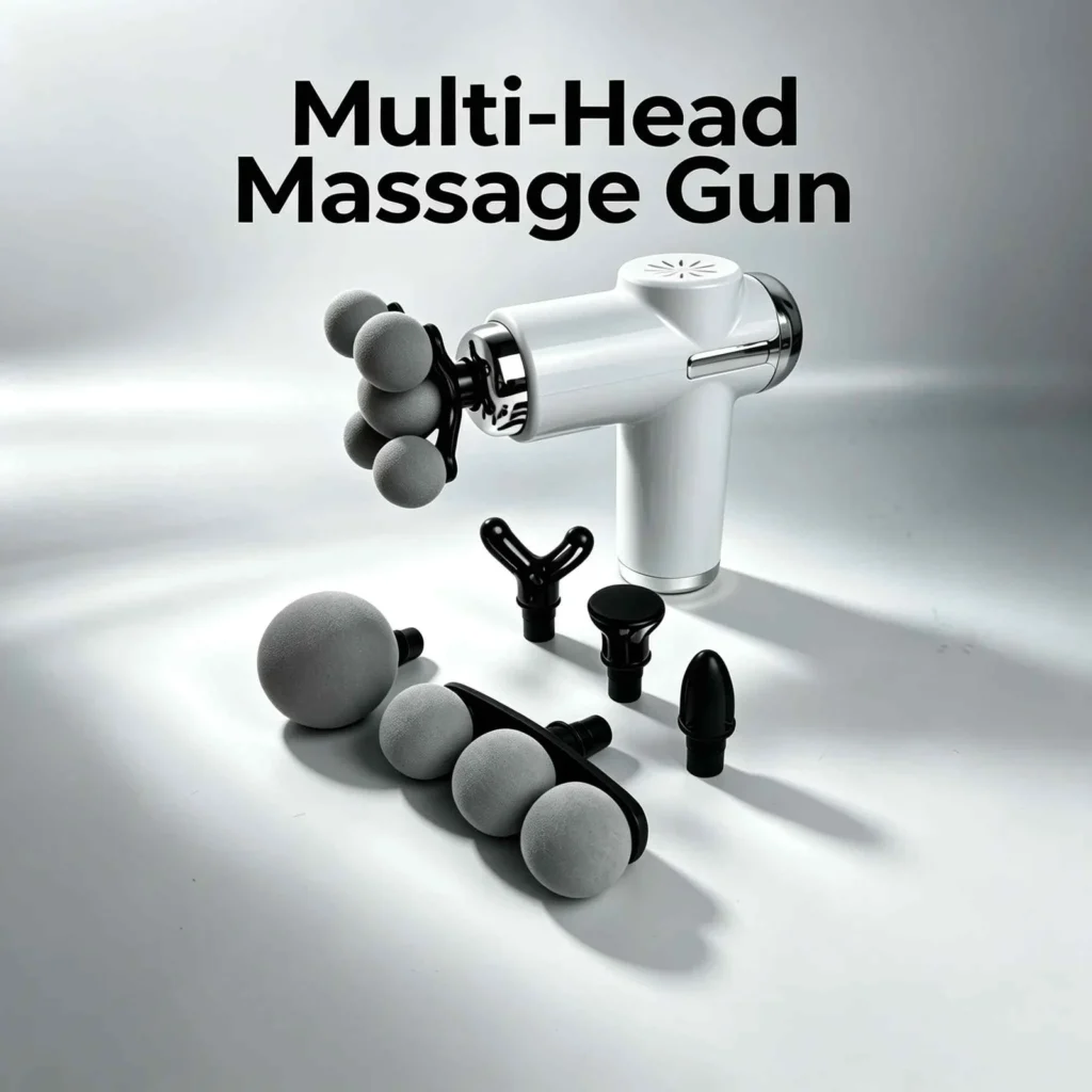 massage gun malta: White cordless massage gun with chrome trim, five-ball head fitted, plus ball, roller, fork, flat and bull