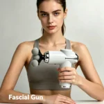 Handheld percussion massage gun with pistol grip and soft five-ball head fitted