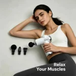 Massage gun with ball head used on body muscles to relax them, with bullet and fork heads shown