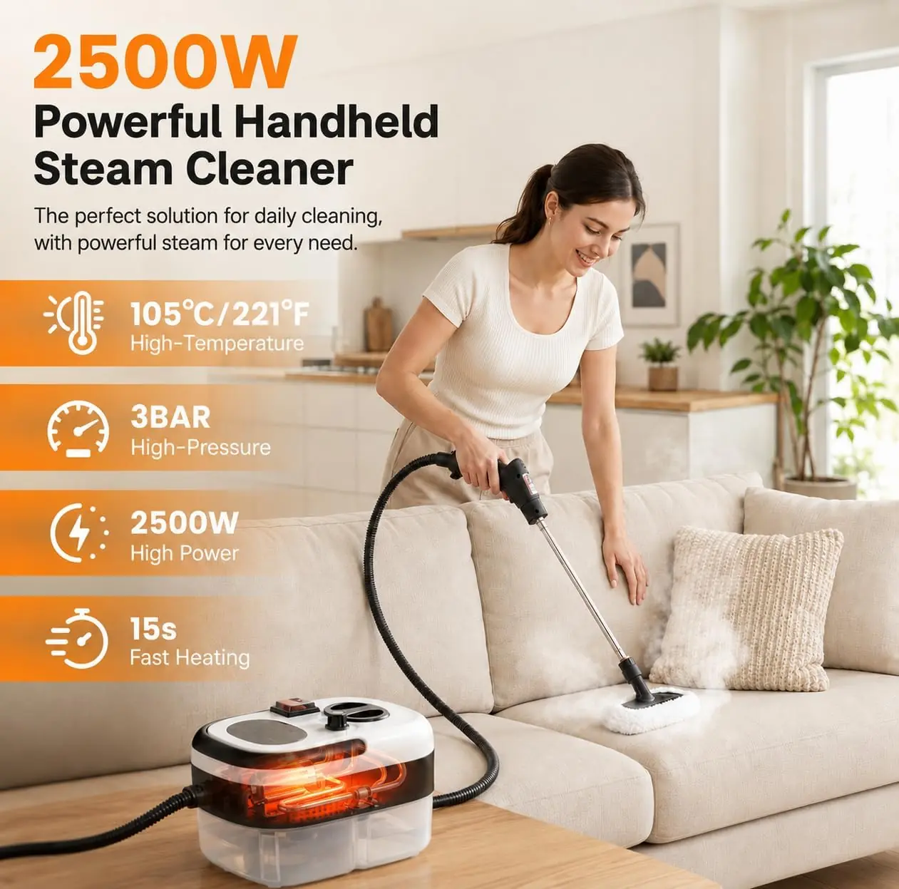 handheld steam cleaner malta: Handheld steam cleaner with wand and cloth-covered floor brush on a sofa; 2500W, 105°C, 3 bar, handheld steam cleaner malta: Handheld steam cleaner with wand and cloth-covered floor brush on a sofa; 2500W, 105°C, 3 bar,