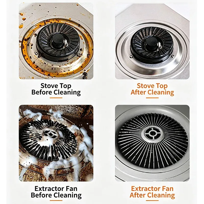 Before and after steam cleaning of a stove top burner and an extractor fan Before and after steam cleaning of a stove top burner and an extractor fan