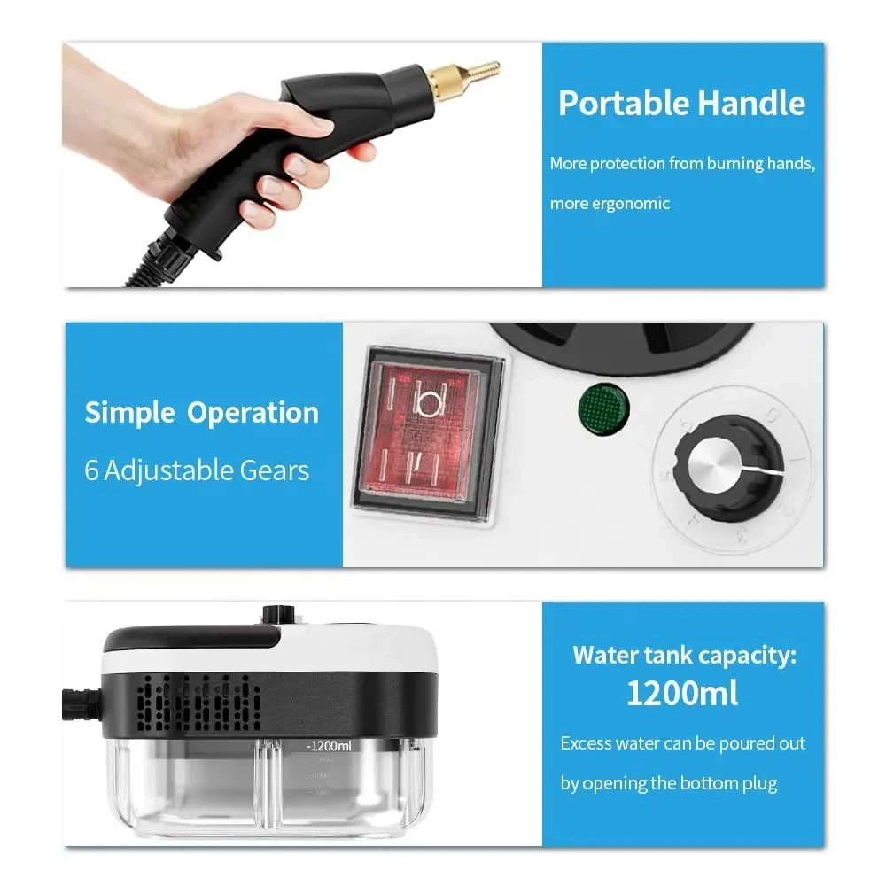 Close-ups of the gun with brass nozzle, rocker switch, light, 6-setting dial, 1200ml tank and bottom drain plug Close-ups of the gun with brass nozzle, rocker switch, light, 6-setting dial, 1200ml tank and bottom drain plug
