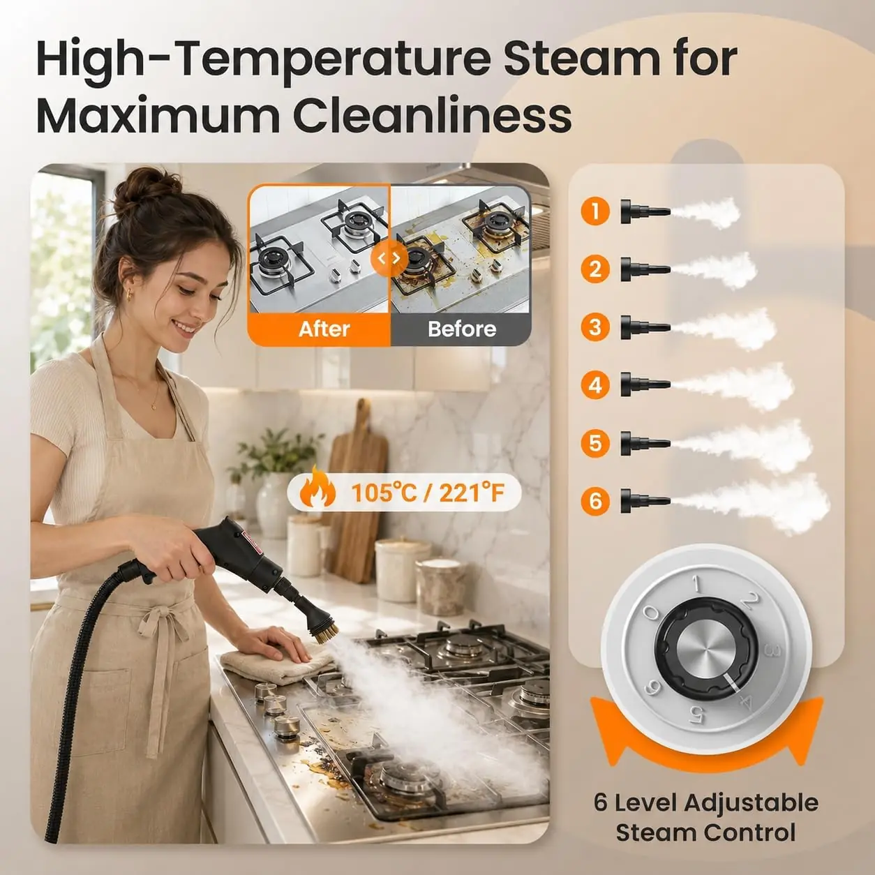 Steam cleaner brush cleaning a kitchen gas hob, with 105°C steam set on a 6-level control dial Steam cleaner brush cleaning a kitchen gas hob, with 105°C steam set on a 6-level control dial