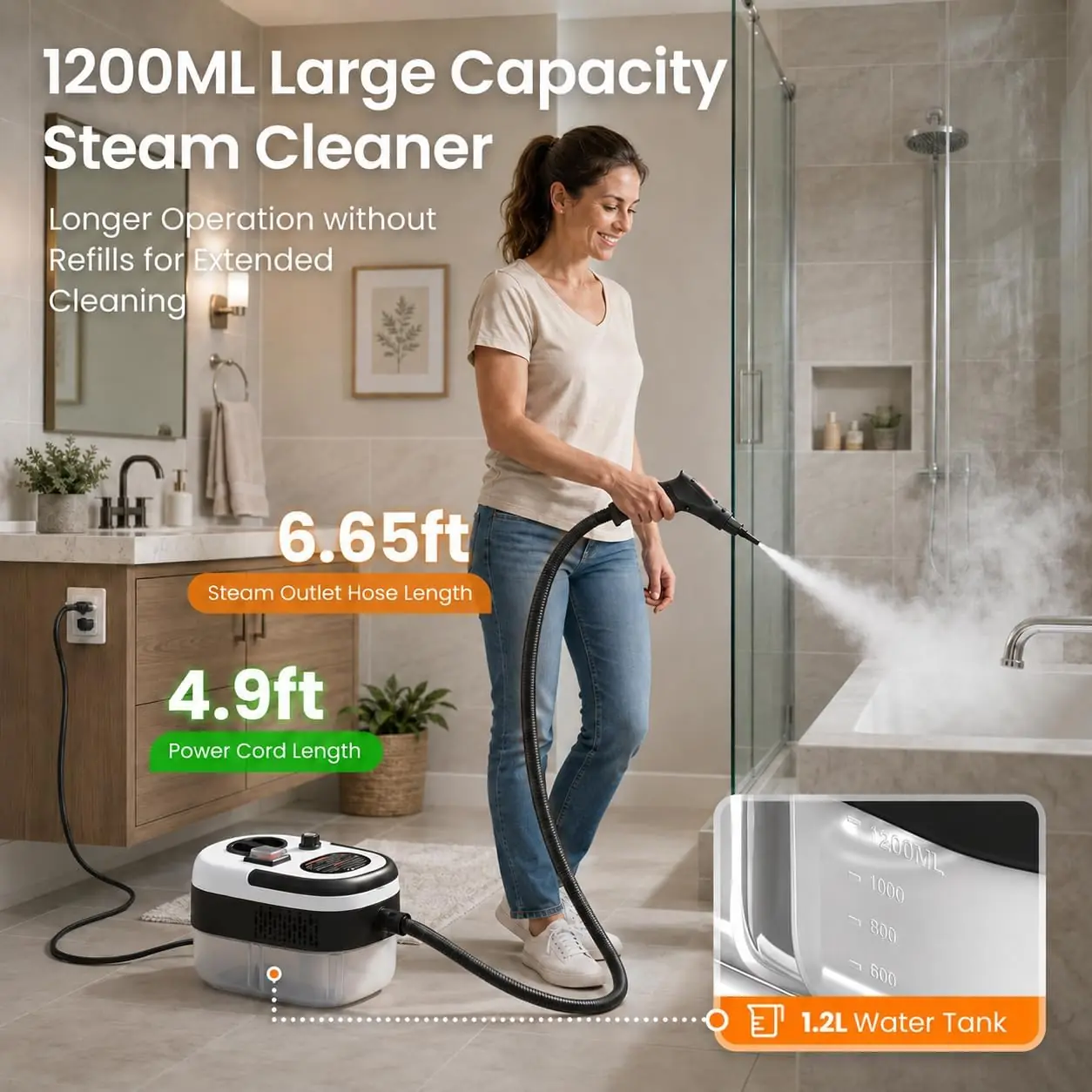 Steam cleaner used on a shower and tub, with 1.2L marked water tank, 2m steam hose and 1.5m power cord Steam cleaner used on a shower and tub, with 1.2L marked water tank, 2m steam hose and 1.5m power cord