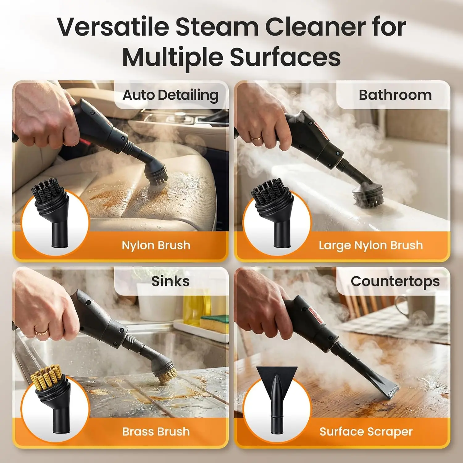 Brush uses: nylon brush on a car, large nylon brush in the bathroom, brass brush on a sink, scraper on a countertop Brush uses: nylon brush on a car, large nylon brush in the bathroom, brass brush on a sink, scraper on a countertop