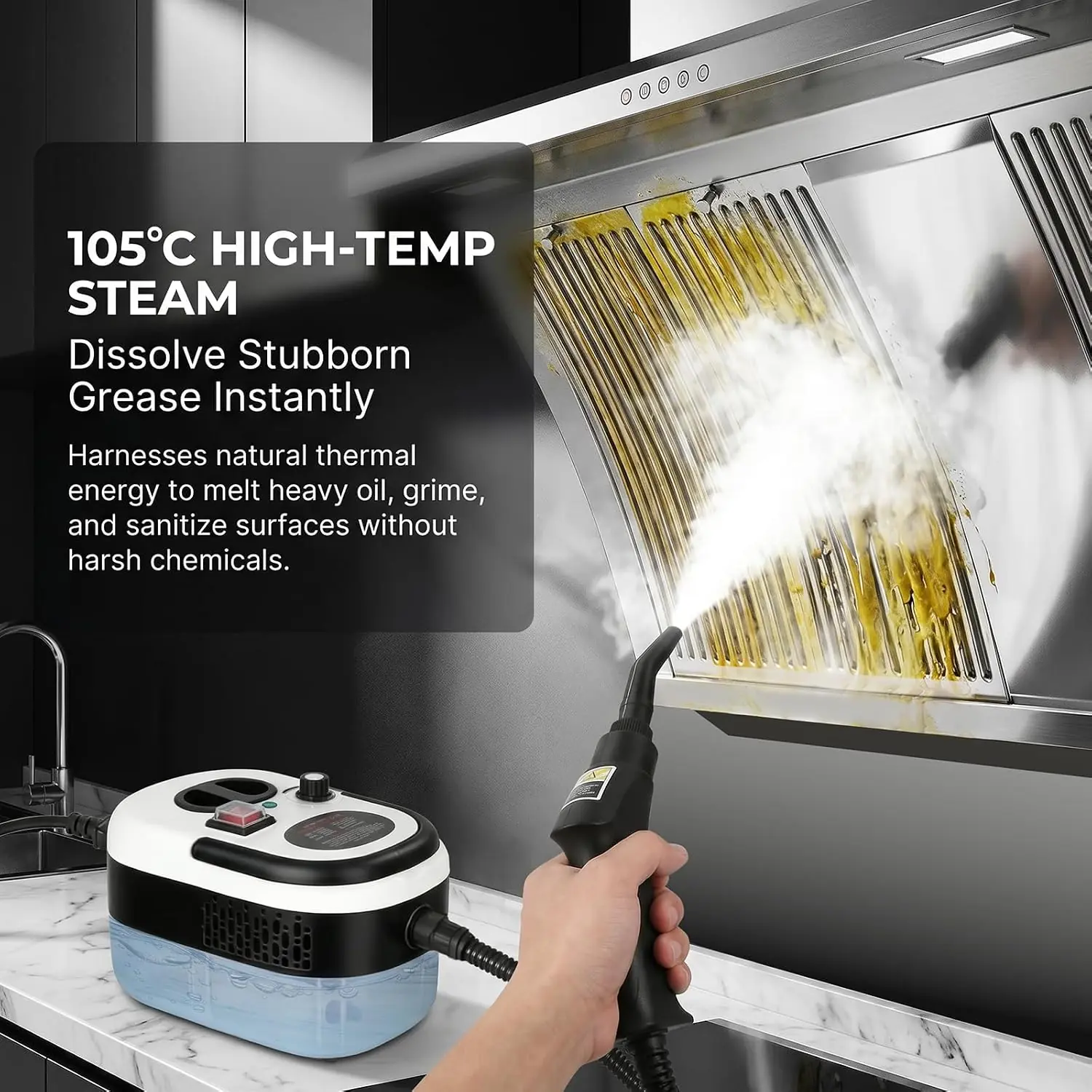 105°C steam removing grease and grime from a kitchen extractor hood filter without chemicals 105°C steam removing grease and grime from a kitchen extractor hood filter without chemicals