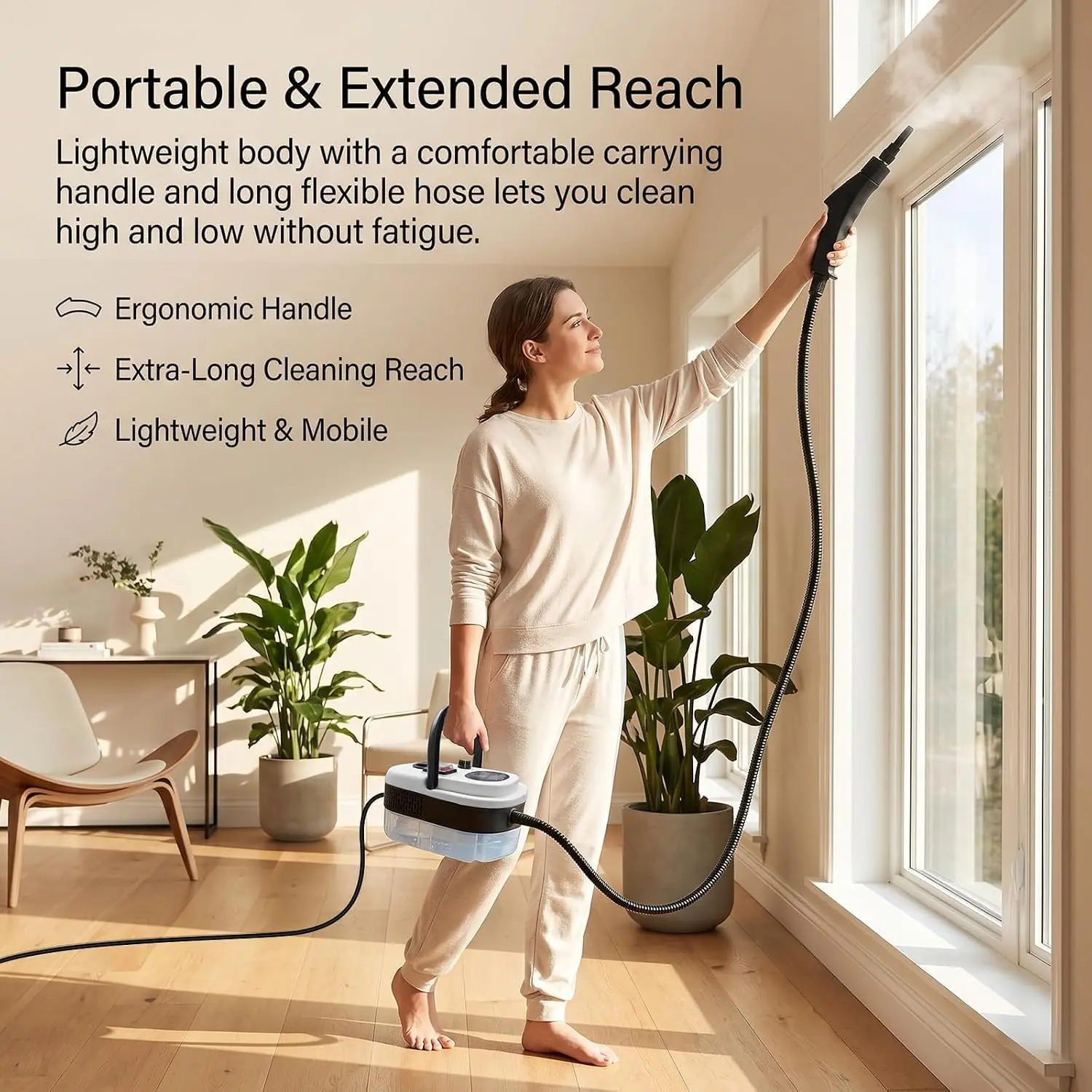 Lightweight steam unit with carry handle and long flexible hose, its ergonomic gun cleaning a window Lightweight steam unit with carry handle and long flexible hose, its ergonomic gun cleaning a window