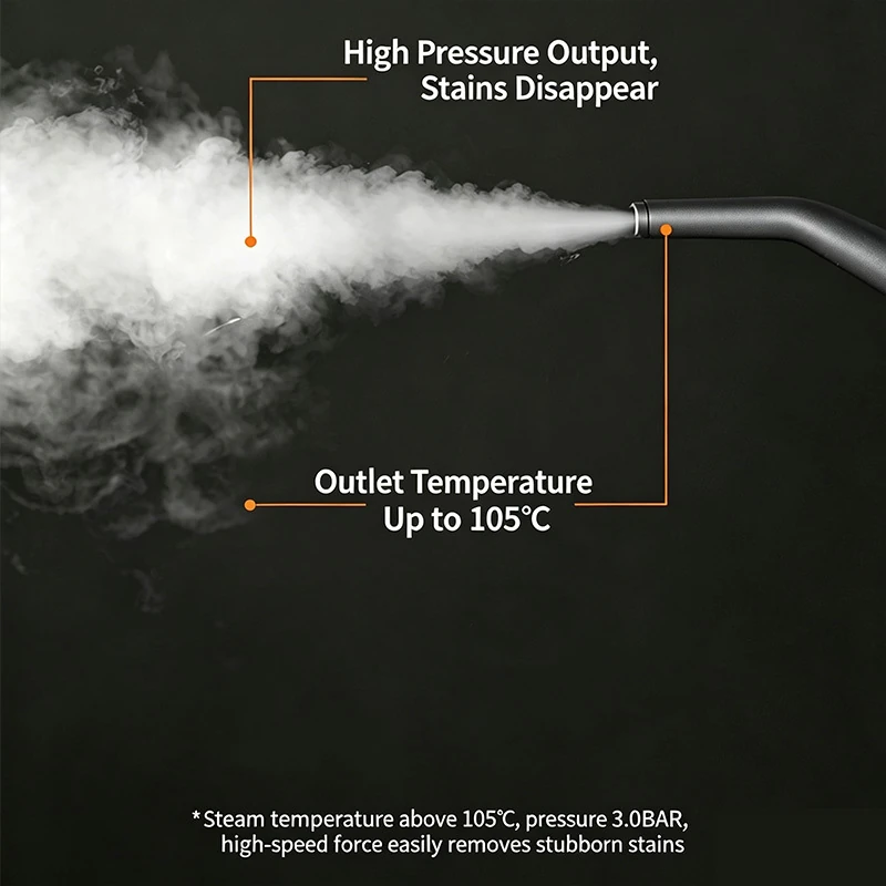 High pressure steam jet from the nozzle, with outlet temperature up to 105°C and 3 bar pressure High pressure steam jet from the nozzle, with outlet temperature up to 105°C and 3 bar pressure