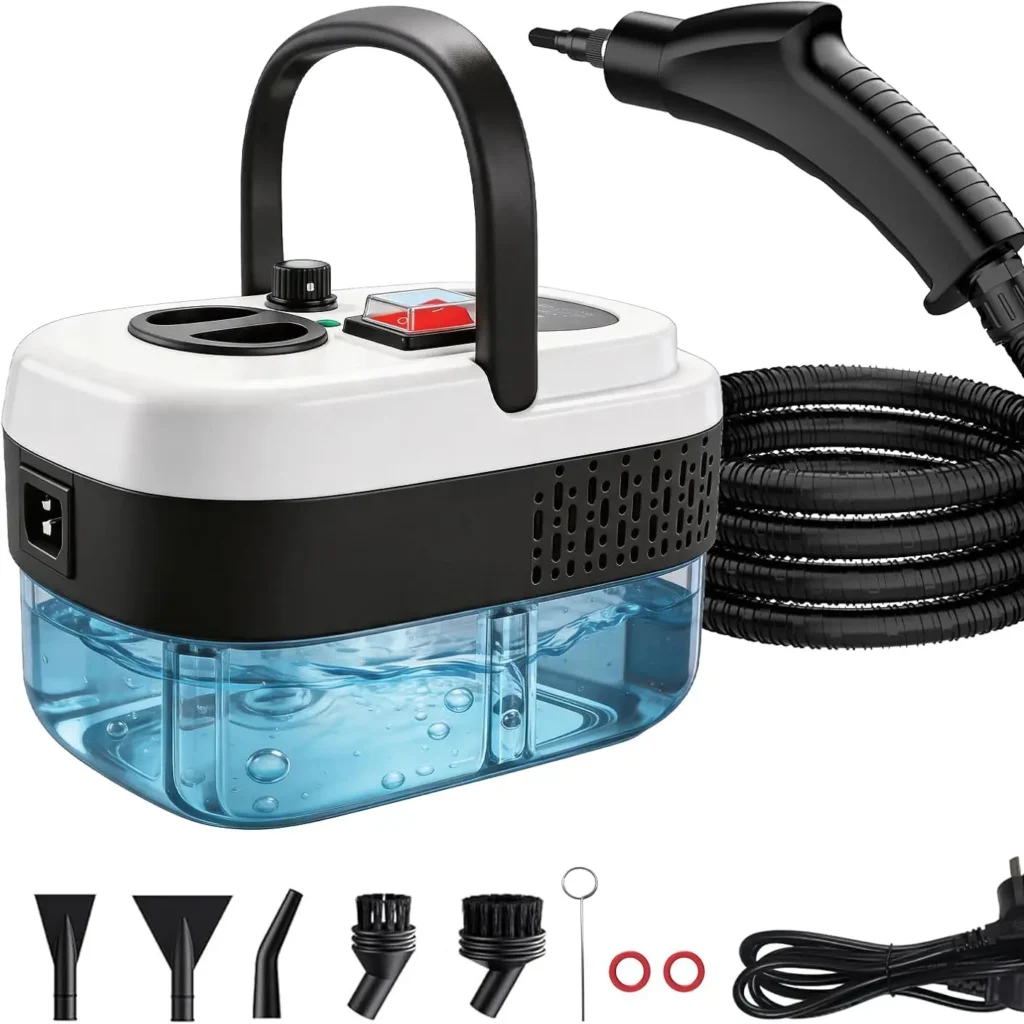 handheld steam cleaner malta: Handheld steam cleaner with clear water tank, hose and pistol-grip gun, plus nozzles, round bru