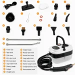 17 accessories of the handheld steam cleaner: floor brush, cloth cover, nylon and brass brushes, scrapers, nozzles and wands