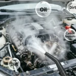 Handheld steam cleaner removing oil, dirt and carbon deposits from a car engine bay