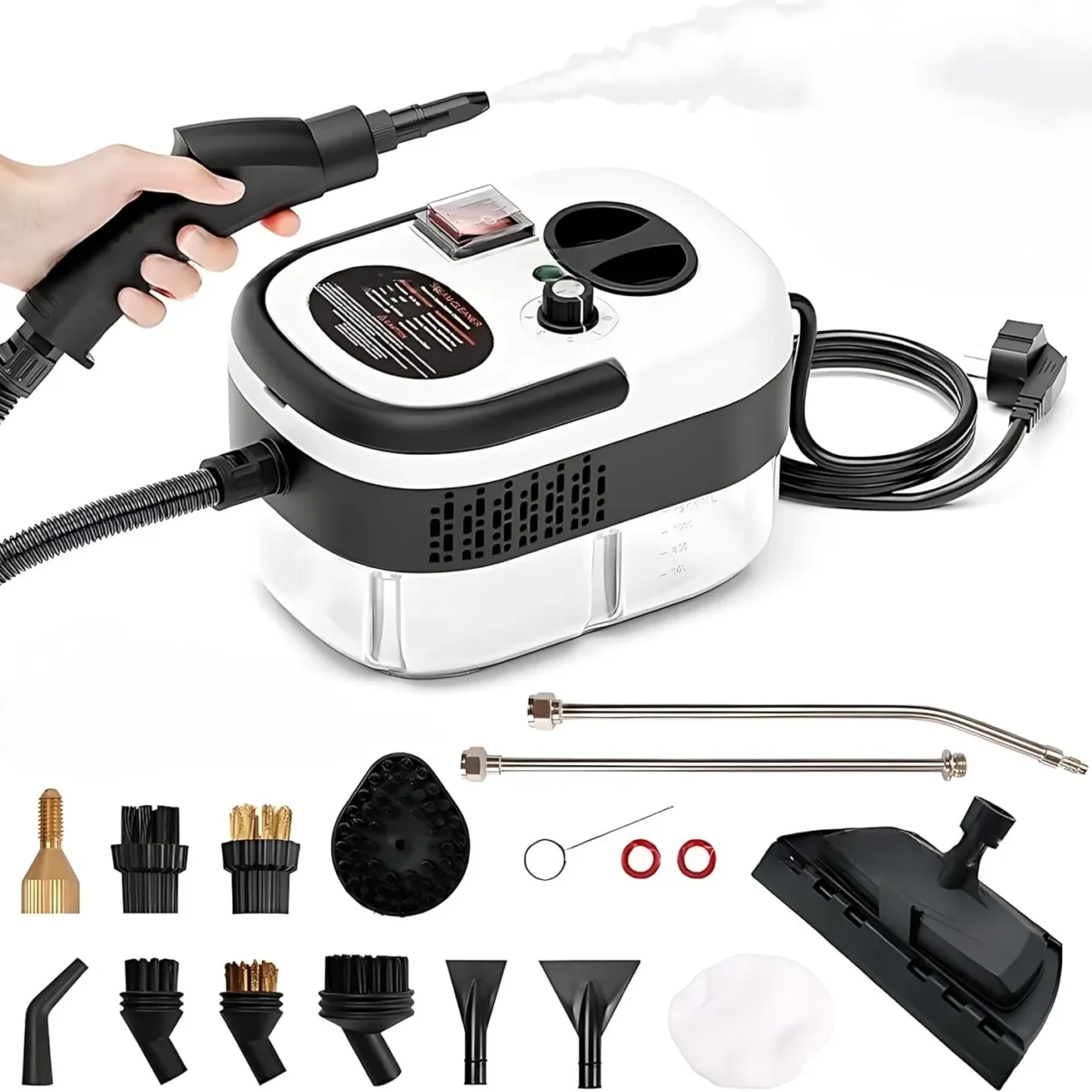 Steam unit with hose, gun and power cord, laid out with brushes, extension wands, scraper nozzles and floor brush