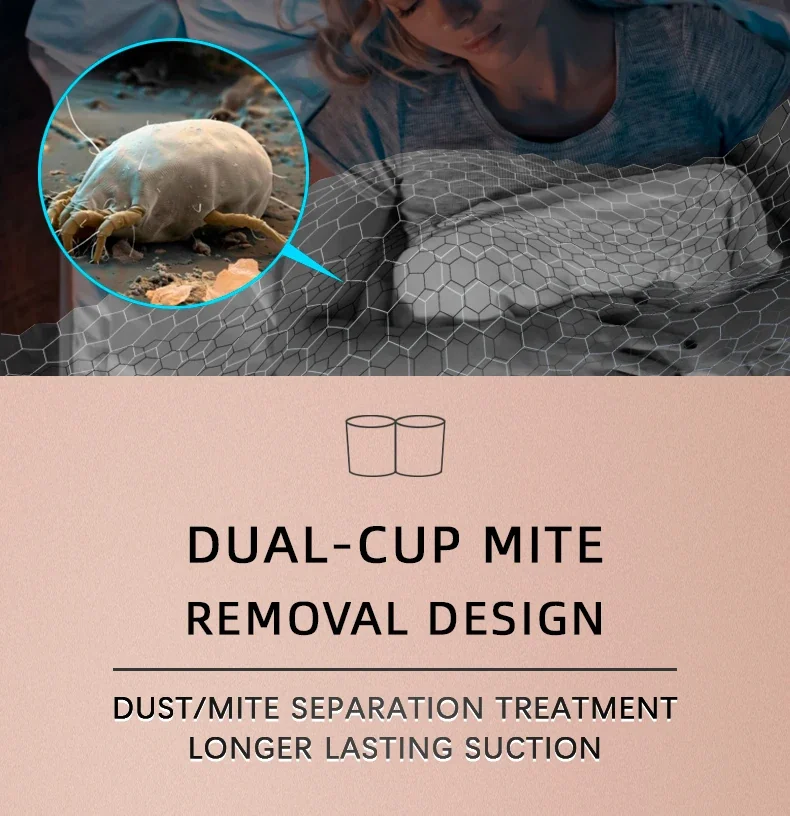 Diagram of the dust mite vacuum's dual-cup design separating dust and mites to keep suction strong for longer Diagram of the dust mite vacuum's dual-cup design separating dust and mites to keep suction strong for longer