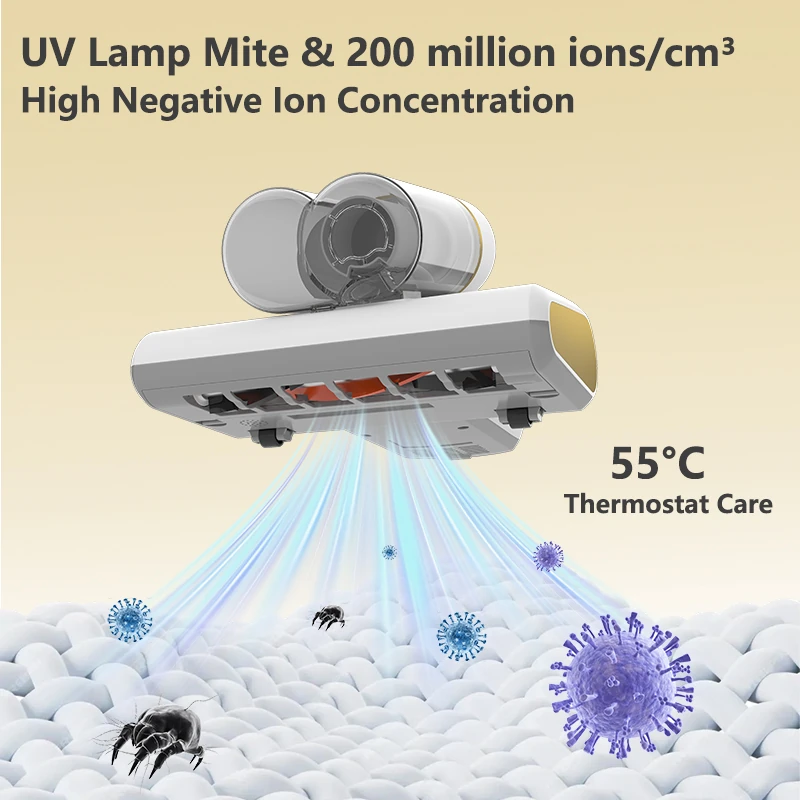 Underside of the dust mite vacuum showing UV lamp, brush roll and wheels, with negative ion and 55°C heat features Underside of the dust mite vacuum showing UV lamp, brush roll and wheels, with negative ion and 55°C heat features