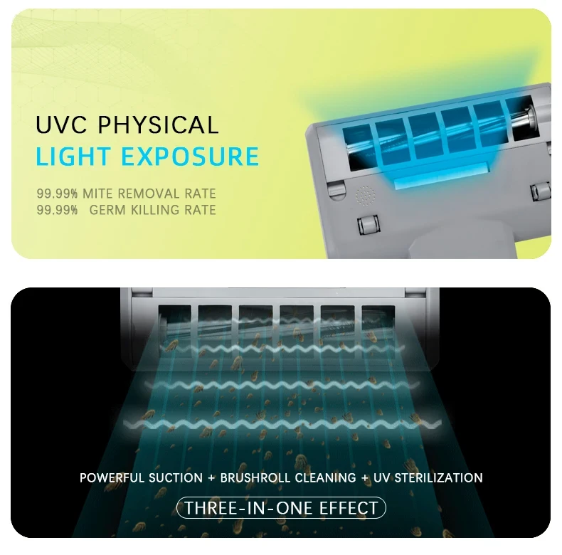 UVC lamp on the dust mite vacuum's underside, combining suction, brush roll cleaning and UV light in one pass UVC lamp on the dust mite vacuum's underside, combining suction, brush roll cleaning and UV light in one pass