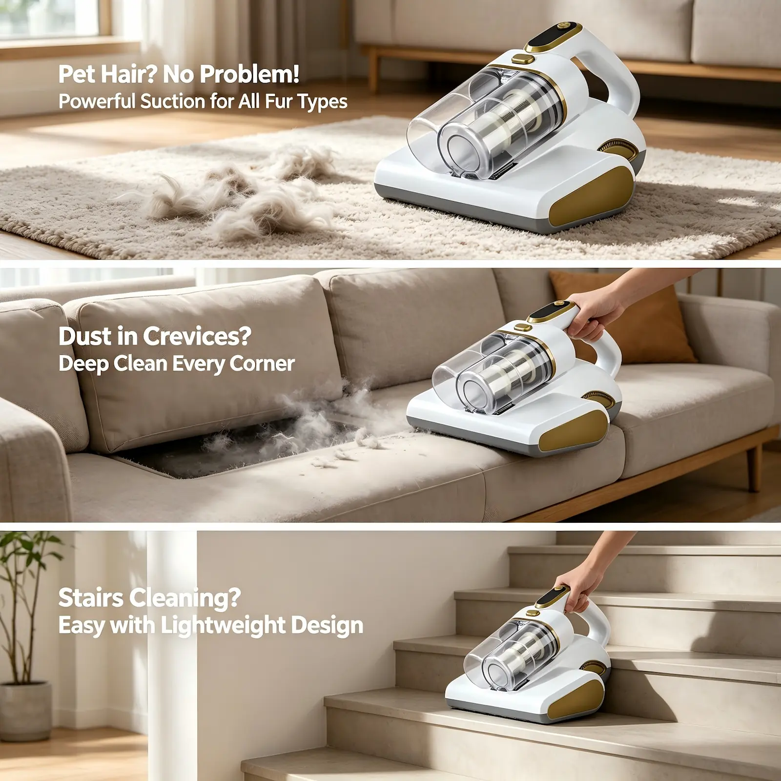 Dust mite vacuum removing pet hair from a rug, dust from sofa crevices and dirt from stairs Dust mite vacuum removing pet hair from a rug, dust from sofa crevices and dirt from stairs