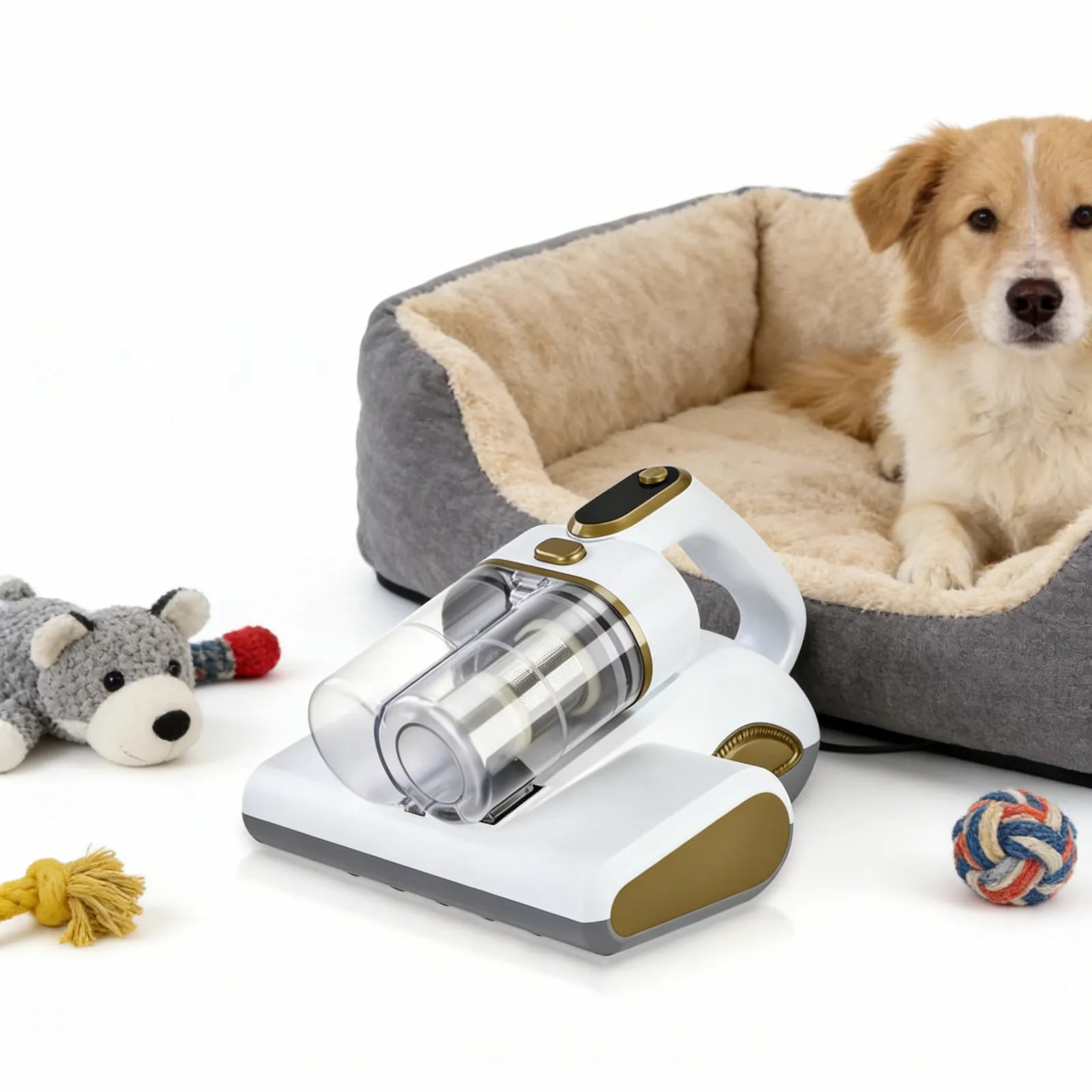 dust mite vacuum malta: Handheld mattress dust mite vacuum on the floor beside a dog in a pet bed, with twin clear dust cups dust mite vacuum malta: Handheld mattress dust mite vacuum on the floor beside a dog in a pet bed, with twin clear dust cups