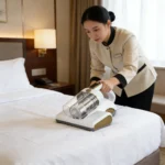 Dust mite vacuum held by its top handle and pushed across a made bed to clean the mattress and sheets