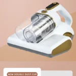Dust mite vacuum with two clear side-by-side dust cups and visible filters, top control button and side dial