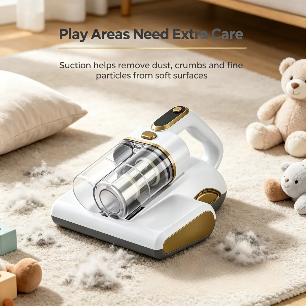 Dust mite vacuum on a rug in a play area, lifting dust, crumbs and fine particles from soft surfaces
